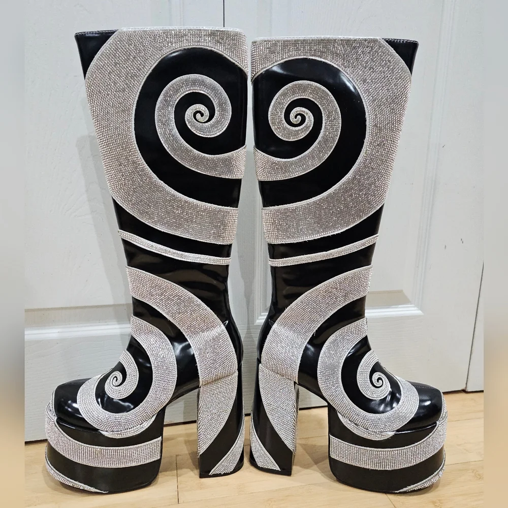 Dolls Kill Current Mood How Sweet It Is Platform Rhinestone Swirl Black Boots 8 - Picture 1 of 16